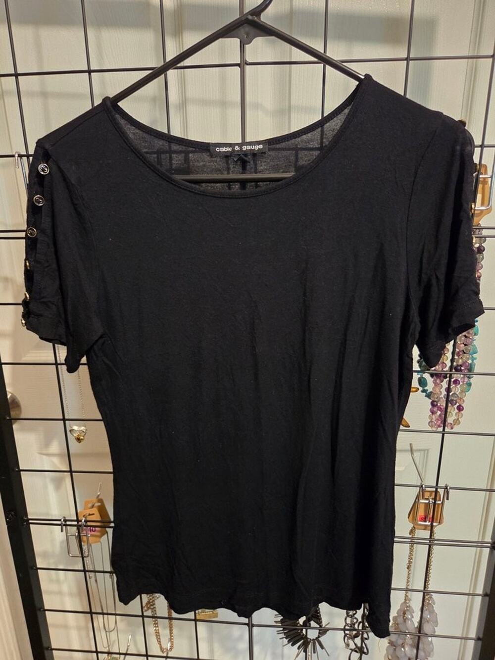 Cable & Gauge Black Short Sleeve T-Shirt with Button Detail